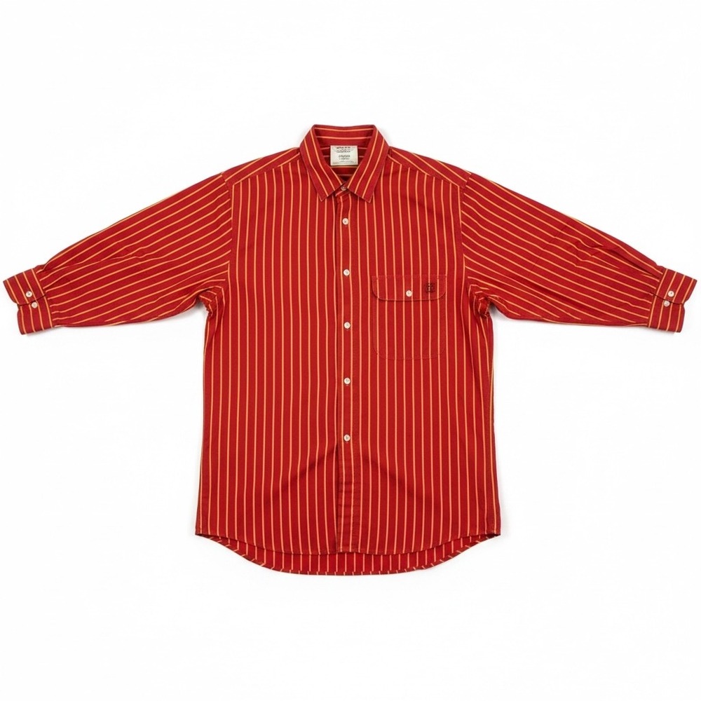 ACA Joe Mens Button Down Shirt Striped Red Yellow‎ Cotton Long Sleeve Medium